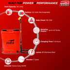 Red backpack sprayer with features listed on a red background, featuring Double Eagle branding.