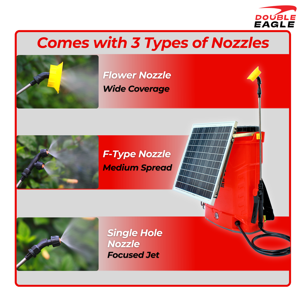 Garden sprayer with solar panel and nozzles on a red and gray background, featuring Double Eagle branding.