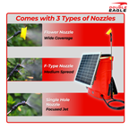 Garden sprayer with solar panel and nozzles on a red and gray background, featuring Double Eagle branding.