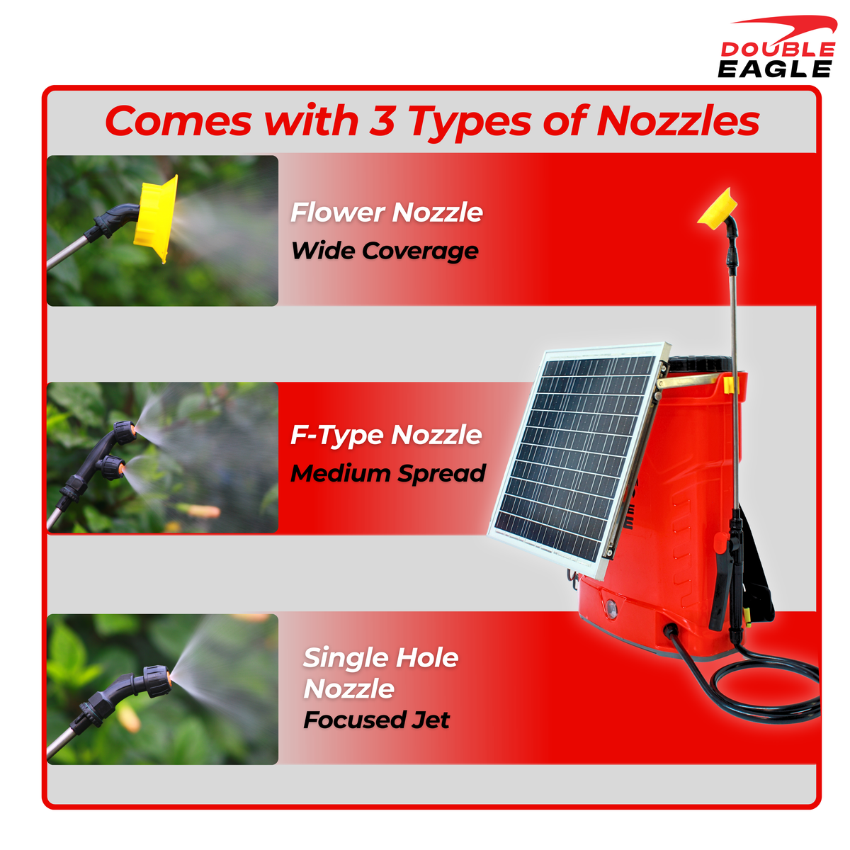 Garden sprayer with solar panel and nozzles on a red and gray background, featuring Double Eagle branding.