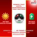Product advertisement with solar power, voltage gauge, and battery icons on a red background.