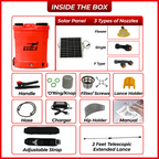 Product packaging with solar panel, nozzles, and other components on a white background