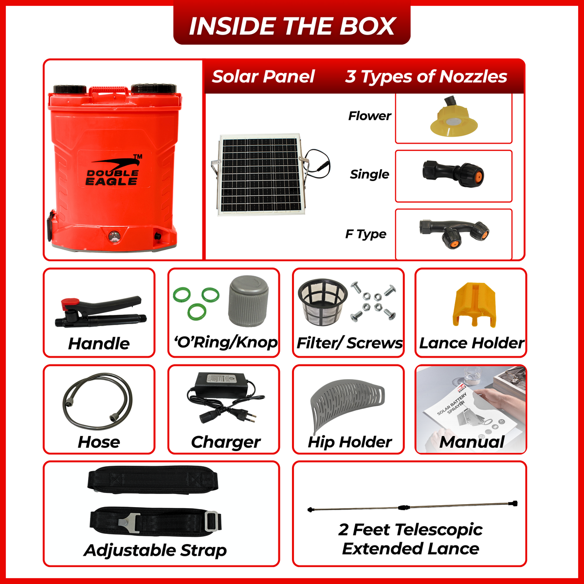 Product packaging with solar panel, nozzles, and other components on a white background
